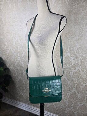 Coach Brynn Flap Shoulder Crossbody Bag Bright Jade Green Croc Embossed Leather